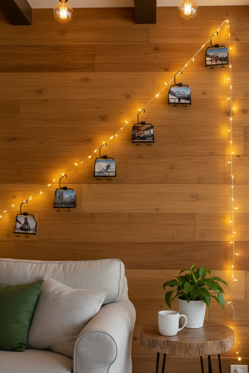 Mini ski lift chair photo holders hanging from warm string lights above a cozy living room sofa, displaying mountain‑themed photos as winter décor