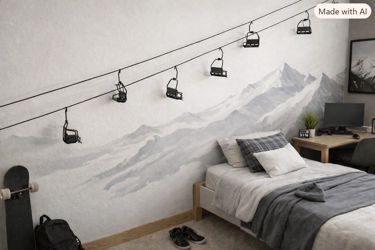 Mini ski lift chair 3D art in front of wall mural in bedroom